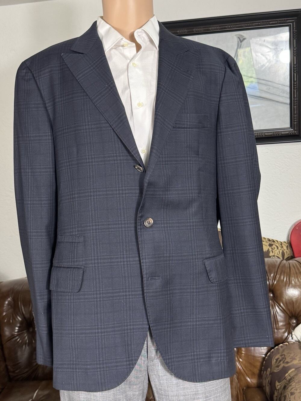 Brunello Cucinelli Navy Peak Lapel Wool Sportcoat Suit Jacket Blazer Plaid 54/44
